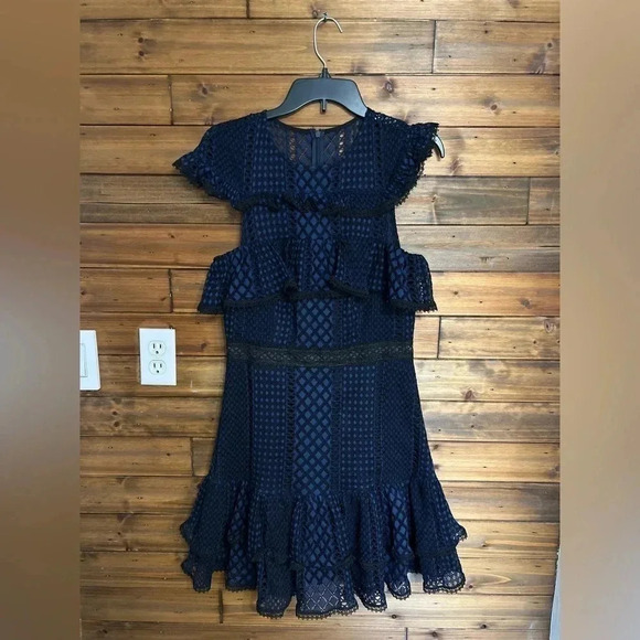 Jay Godfrey Ruffle Lace Dress black and dark blue size 10 excellent condtion - Picture 5 of 14